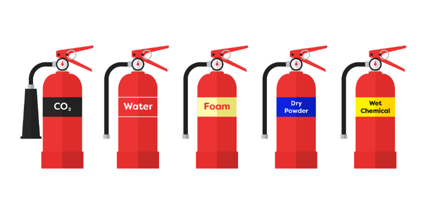 Illustration displaying different types of fire extinguisher. CO2, water, foam, dry powder and wet cvhamical extinguishers shown.